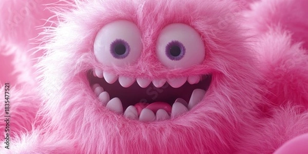 Obraz A playful stuffed toy in a vibrant pink hue. Its fluffy texture contrasts with its oversized mouth and sharp teeth, giving it a whimsical and fun appearance. Perfect for childrens' rooms or as a gift.
