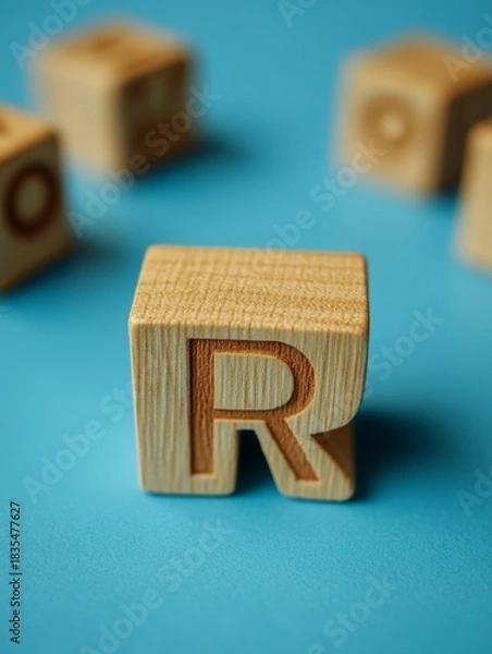 Obraz A wooden block with the letter R on it. The block is on a blue surface