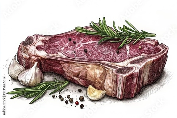 Obraz A detailed illustration of a deliciously cooked steak garnished with garlic cloves and herbs, presented elegantly on a white plate. Perfect for food blogs, menus, or cooking tutorials.