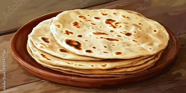 Obraz A rustic wooden table with stacks of soft wheat tortillas, perfect for wraps and dips.