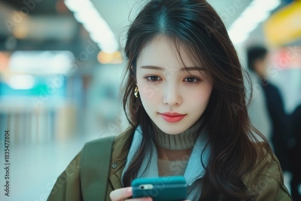 Obraz A young woman with brown hair stands in a crowded airport. She is checking her phone and appears to be waiting for a flight. The environment suggests travel or transit.