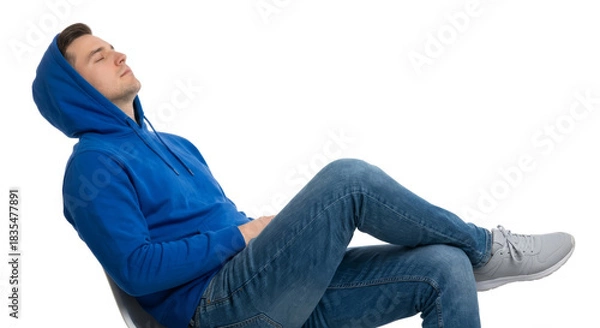 Fototapeta Young man resting in a relaxed pose with an isolated transparent background is displayed in studio