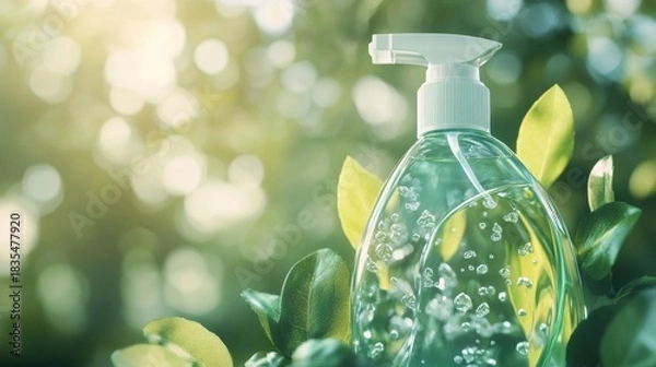 Obraz A green hand soap with a pump dispenser, showing bubbles as they form on the surface. The background is blurred with soft sunlight filtering through leaves.