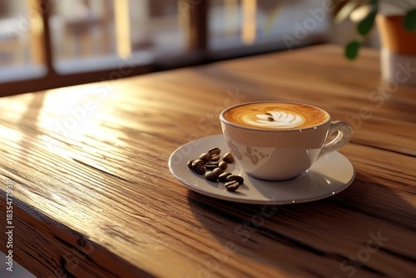 Obraz A cappuccino on a wooden table, with coffee beans and steam rising off the top of the cup.