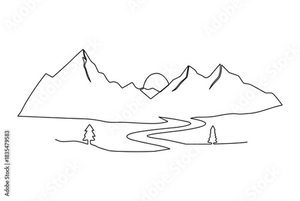 Obraz Mountain landscape one line art simple illustration with trees