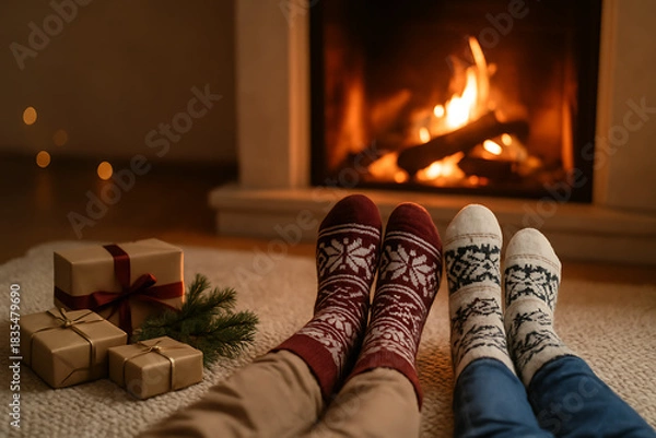 Fototapeta Cozy winter evening with gifts near the fireplace a couple relaxing in stylish socks, enjoying the warmth and festive atmosphere at home