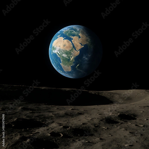Fototapeta Stunning view of Earth from the moon's surface, showing continents and oceans in vibrant detail, perfect for space exploration or scientific themes