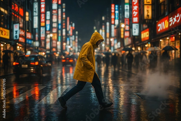 Fototapeta Walking through vibrant Tokyo rain at night in stylish yellow raincoat, a modern urban experience with a touch of adventure and resilience