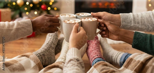 Fototapeta Cozy winter celebration with friends sharing hot cocoa in front of a warm fireplace, creating joyful memories during the holiday season