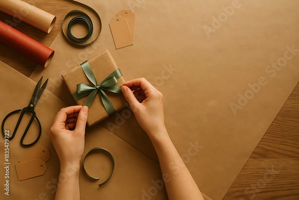 Obraz Crafting heartfelt gifts with love and care for a truly special occasion, wrapping with ribbon and paper on wooden surface, ready to celebrate