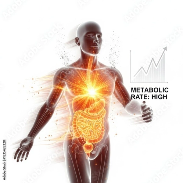 Obraz Fast metabolism concept human body silhouette with glowing digestive system and energy flow, symbolizing active metabolic rate and vitality. Medical illustration of digestion, health, and body energy 