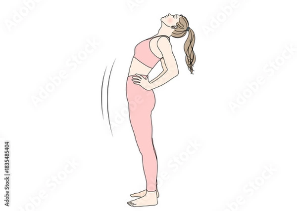 Obraz ストレッチ 腰に手を当てて背中を伸ばす女性のイラスト 全身横向き