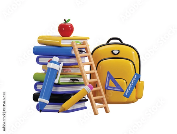 Obraz Books with graduation success education icon 3d render concept of school bag with book, pen and pencil and Ladder icon vector illustration