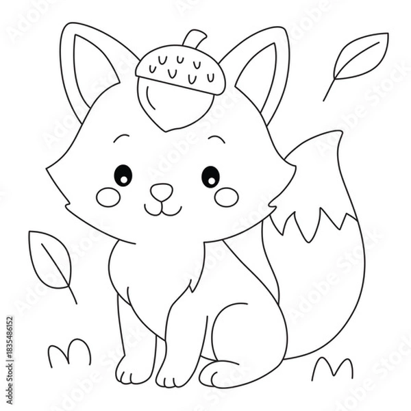 Obraz Cute Baby Fox Wearing an Acorn Cap