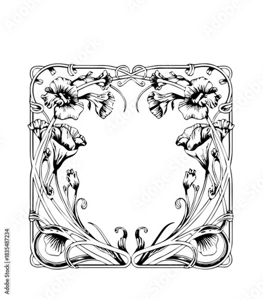 Fototapeta Retro flower and leaves frame background in wavy line style for vertical A4 design

