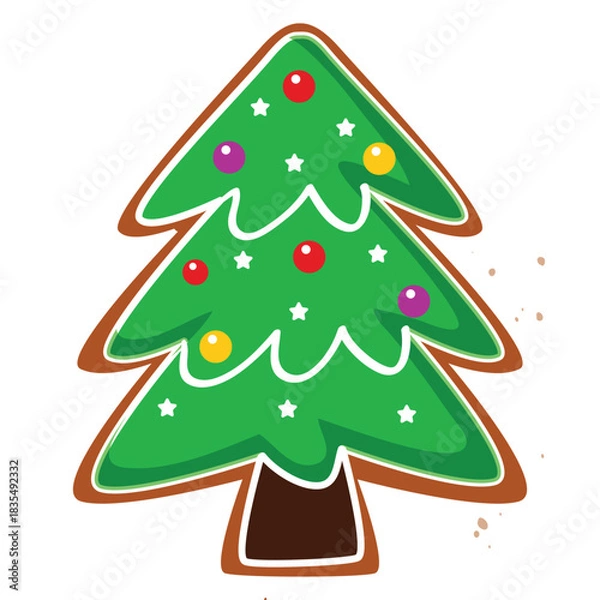 Fototapeta A christmas tree cookie decorated with colorful ornaments and white icing on a white background vector