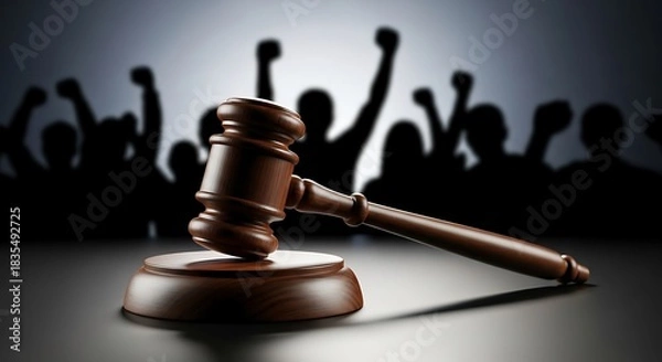 Fototapeta Gavel in foreground with silhouetted crowd raising fists in background