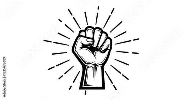 Fototapeta Raised fist symbolizing power solidarity and resistance with radial lines in black and white