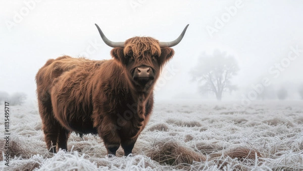 Fototapeta A shaggy Highland cow stands in a frosty winter field with snow-dusted fur and curved horns.