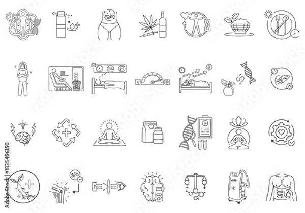 Fototapeta A collection of 28 icons about biohacking, including biohacking, hydrate, detox, drugs, longevity, organic food, fasting, cold exposure, sauna, sleep hygiene with thin lines and a white background.