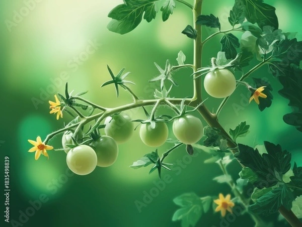 Fototapeta Green tomatoes grow with small yellow flowers under soft natural light in a garden setting