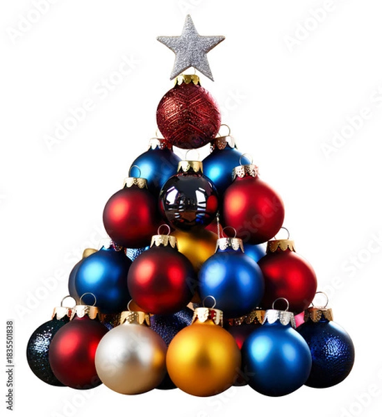 Fototapeta Festive Christmas ornaments stacked as a tree. Transparent background