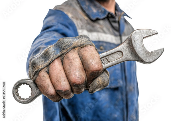Fototapeta Mechanic holding a wrench in dirty glove isolated on a transparent background