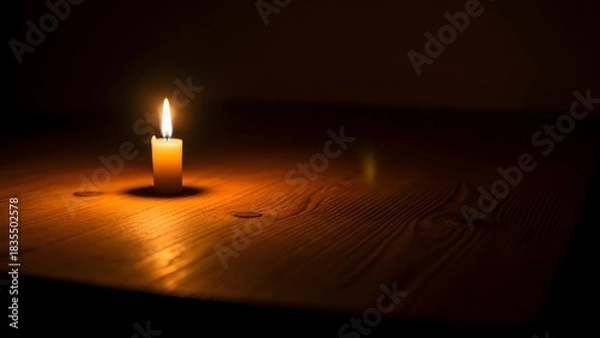 Fototapeta A single candle casts a warm glow across a wooden surface in the darkness, Simple charm of candlelight on wood for peace and comfort