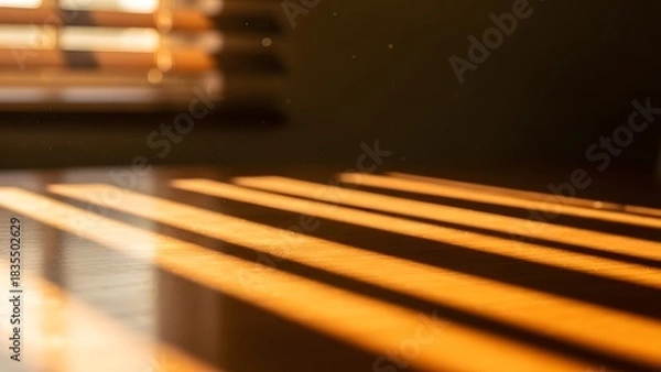 Fototapeta Warm Sunlight Through Blinds Creating Stripes on Wooden Surface, Abstract Warm Light Lines on Wood