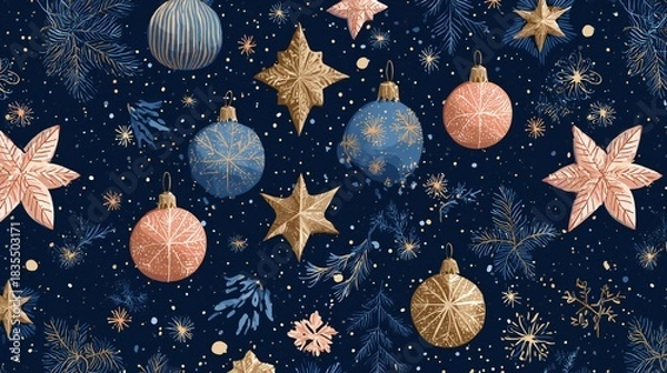 Obraz Elegant Christmas Pattern: Baubles, Stars, Pine, Snow
