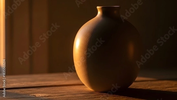 Fototapeta Earthy Vase in Golden Hour Light, Still Life with Simple Ceramic Vase on Rustic Wooden Table