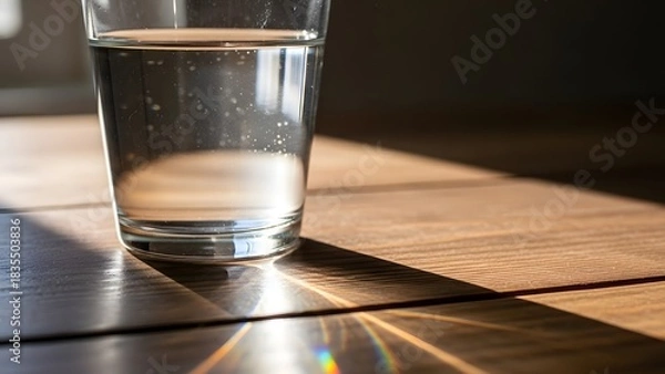 Fototapeta A Refreshing Glass of Water on a Wooden Table in Sunlight, Play of Light and Water: A Glass on Wood Creating a Prism
