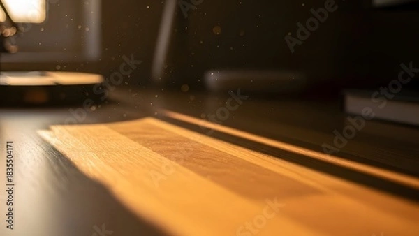 Fototapeta Warm Sunlight Dust Motes on Wooden Desk, Office Still Life With Golden Lighting and Floating Dust, Sunlight on Desk