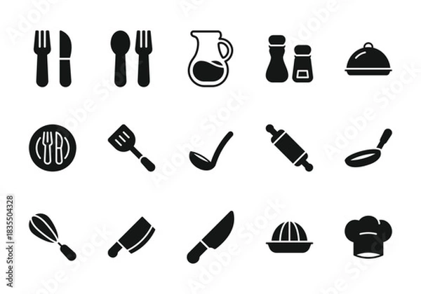 Fototapeta Title: Kitchen Tools Icon Set Black Silhouette Vector Illustration | Editable Stroke | Fork, Knife, Spoon, Spatula, Ladle, Rolling Pin, Whisk, Cleaver, Chef Hat, Citrus Juicer