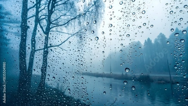 Fototapeta Raindrops on the window blue tone.
