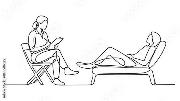 Fototapeta Continuous one line drawing of a therapist consulting a patient during counseling session, minimalist mental health illustration for psychology and support themes