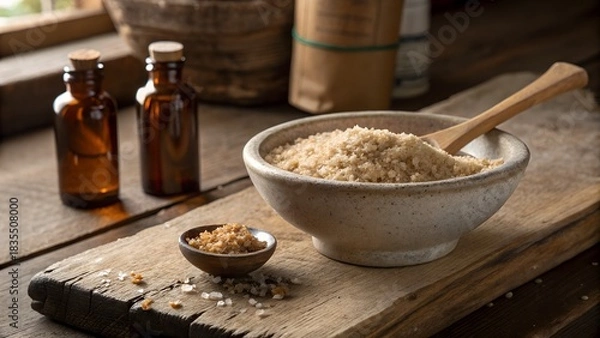 Fototapeta Rustic photo showcases a bowl of granular substa.
