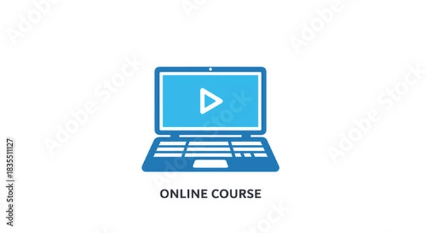 Fototapeta Blue laptop icon with play button on screen, suggesting video course