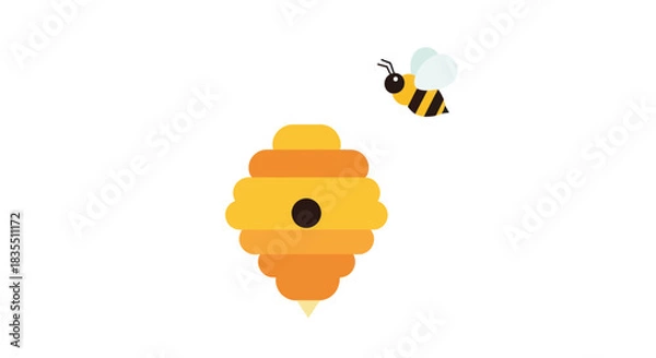Obraz Graphic image of a honeybee in flight near its stacked, orange & yellow beehive