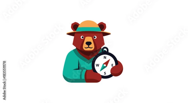 Obraz Cartoon bear in hat with compass, colorful and angular style