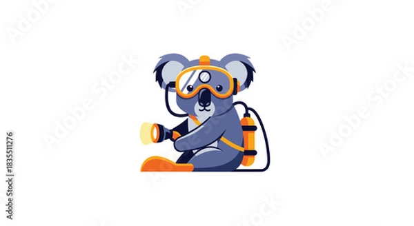 Obraz Cartoon koala scuba diver with goggles & tank, holding a flashlight