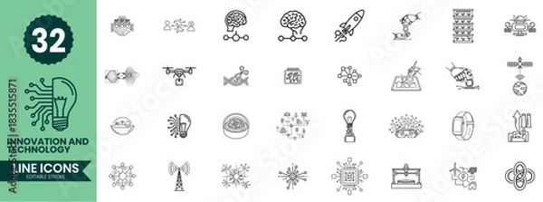 Obraz Innovation and Technology Line Icons Set Future Tech, AI, Research, Digital Development & Outline Icon Pack
