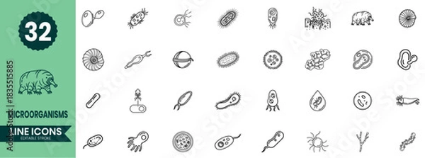 Obraz Microorganisms Line Icons Set Bacteria, Viruses, Protozoa, Microbes, Cells & Microscopic Life Symbols