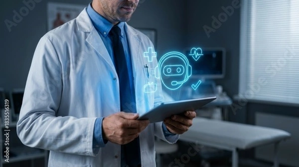 Fototapeta Male doctor interacting with digital tablet showing virtual artificial intelligence robot hologram, smart healthcare technology concept and medical chatbot data interface in clinic office.