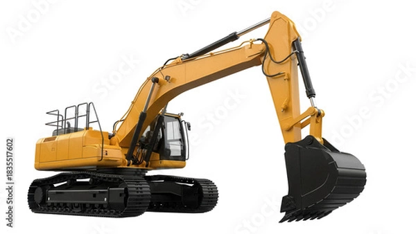 Fototapeta Yellow excavator PNG isolated on transparent background, heavy construction equipment for digging and earthmoving projects