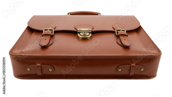 Fototapeta Brown leather briefcase isolated on transparent background, classic business bag for professional use and travel in PNG format