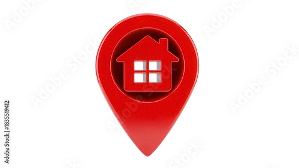 Fototapeta Red house icon in map pointer shape isolated PNG, real estate location symbol on transparent background for maps and navigation apps