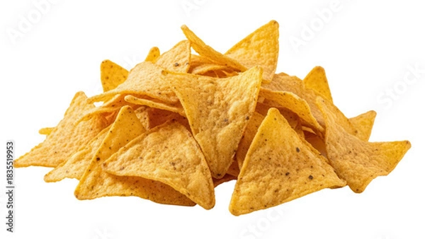 Fototapeta Pile of golden yellow corn tortilla chips isolated PNG, crunchy snack for dipping and parties on transparent background