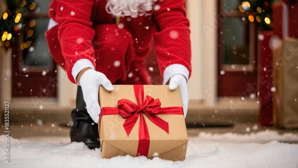 Fototapeta Santa placing a neatly wrapped present with a red ribbon on a snowy porch, captured in warm festive light with soft falling snow and a cozy holiday atmosphere