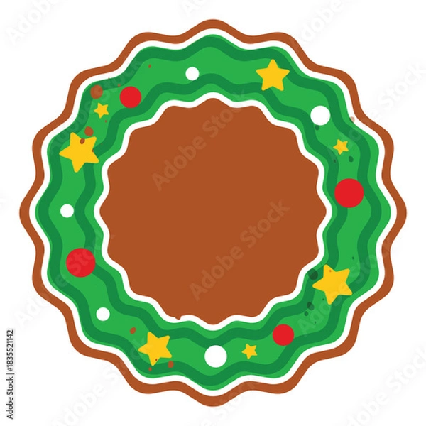 Fototapeta Illustration of a christmas wreath with green leaves stars and red and white ornaments on brown background vector